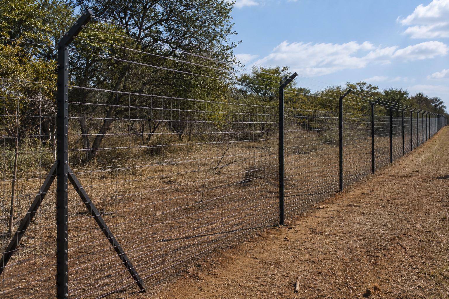 Game fence with electric offset wires protecting bushland