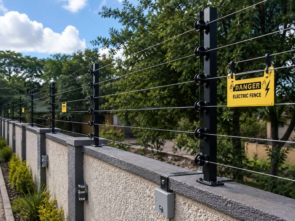 Wall-top electric fence with warning signage