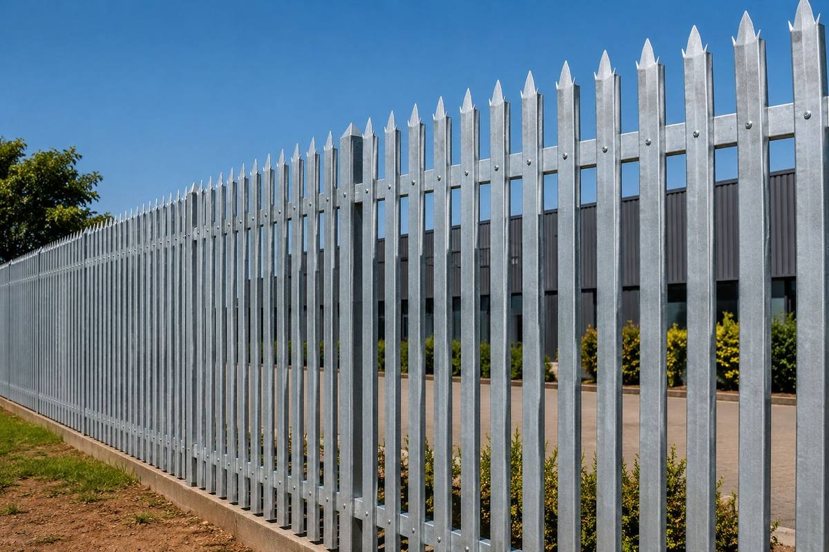Galvanised steel palisade fence at an industrial site