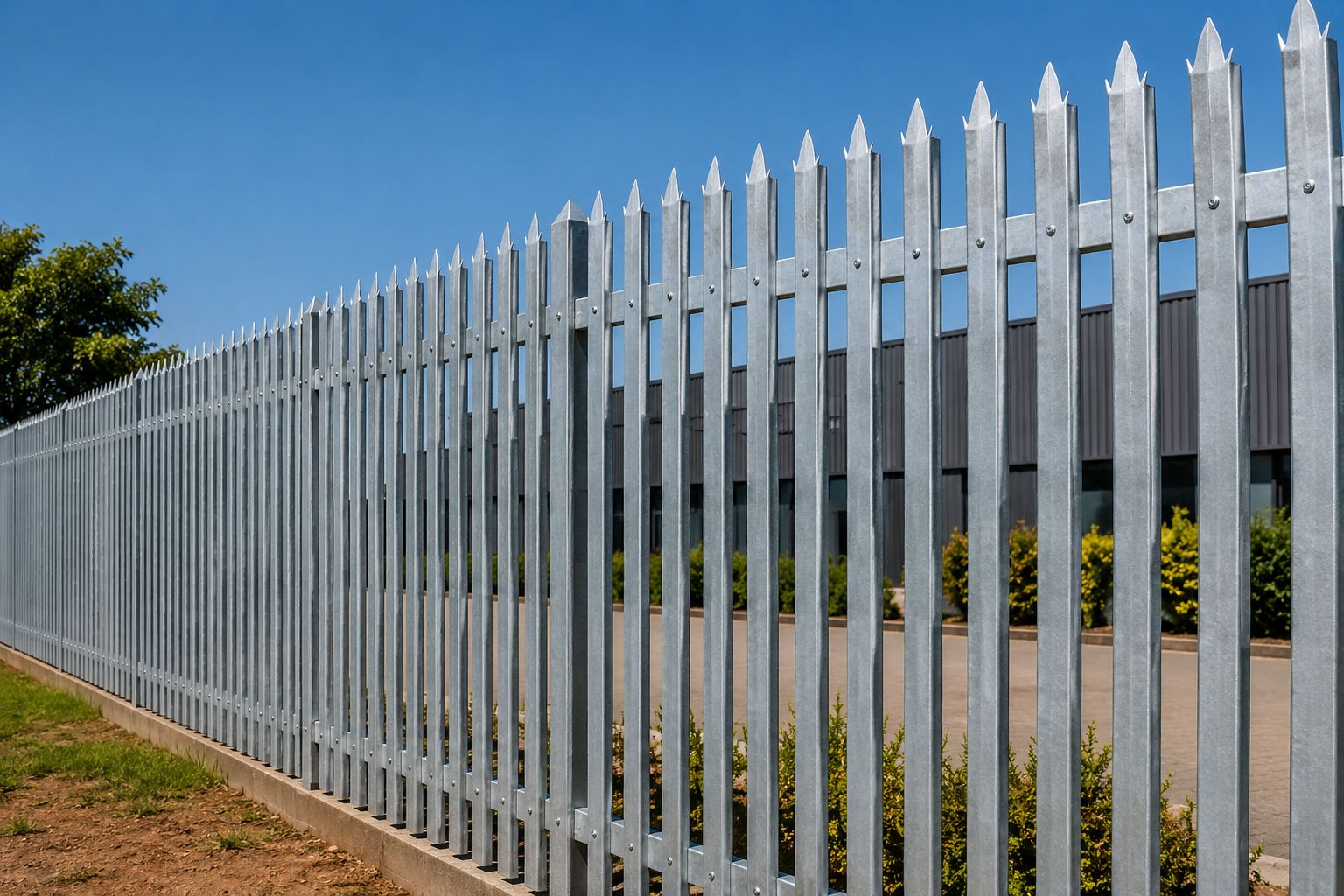 Galvanised steel palisade fencing with spiked pales at an industrial property