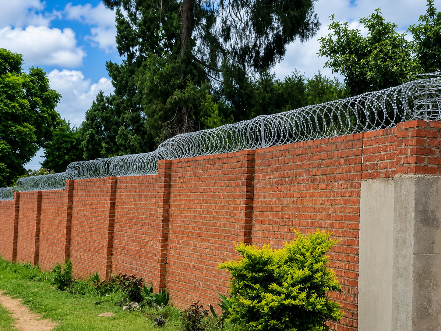 Concertina razor wire installed along a residential brick boundary wall